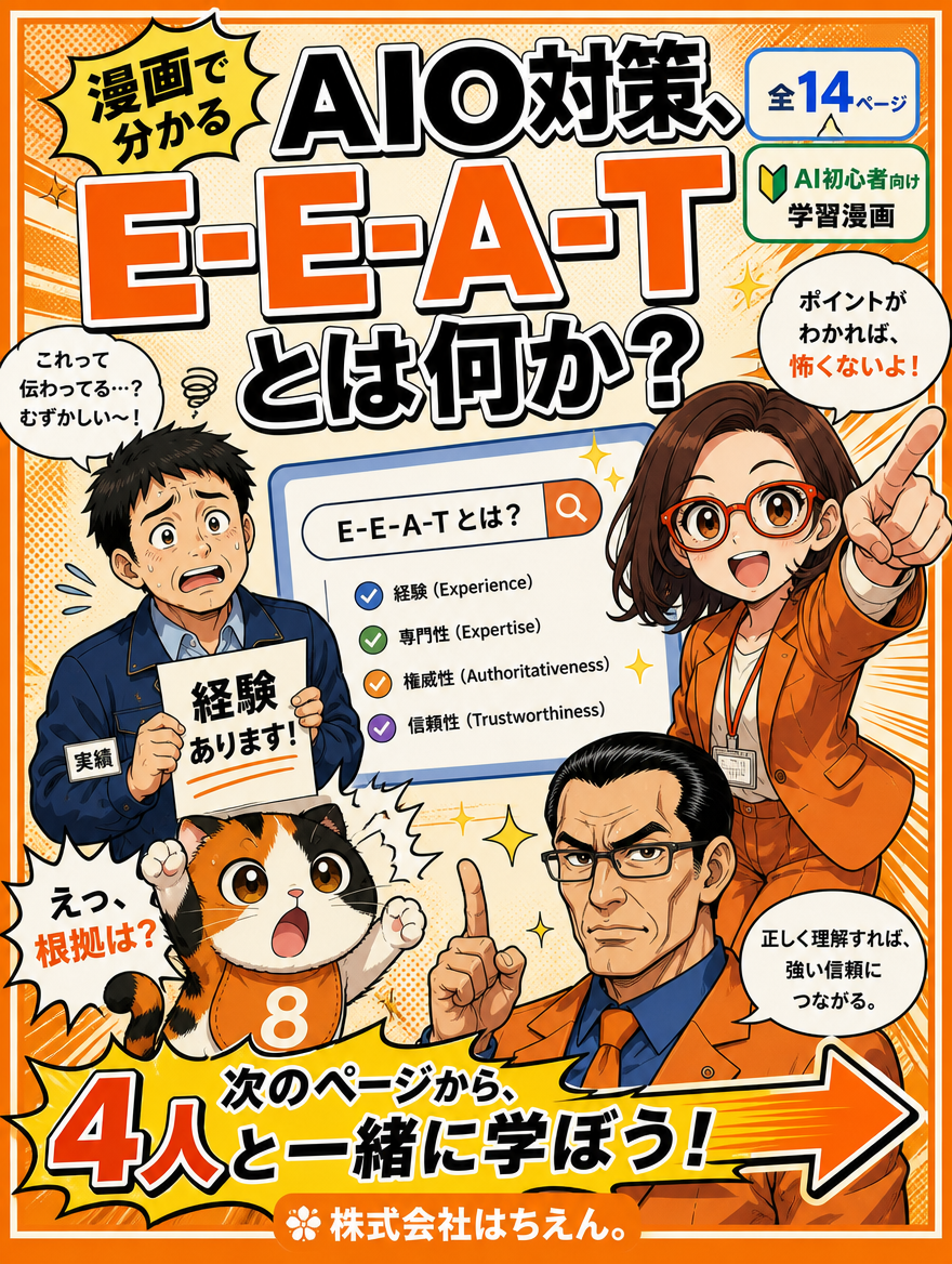 漫画で分かるAIO対策、E-E-A-Tとは何か？の表紙。次のページから学ぼうと呼びかけるイラスト