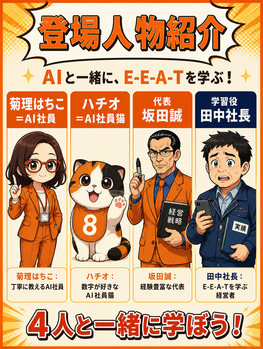 登場人物紹介。AI社員の菊理はちこ、AI社員猫のハチオ、代表の坂田誠、学習役の田中社長