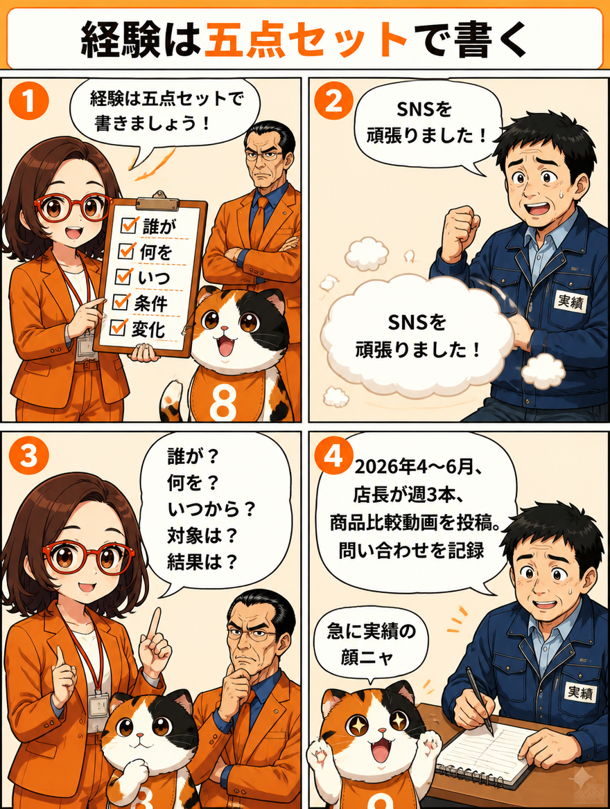 経験を価値ある根拠に変える5つの確認ポイントを説明する漫画ページ