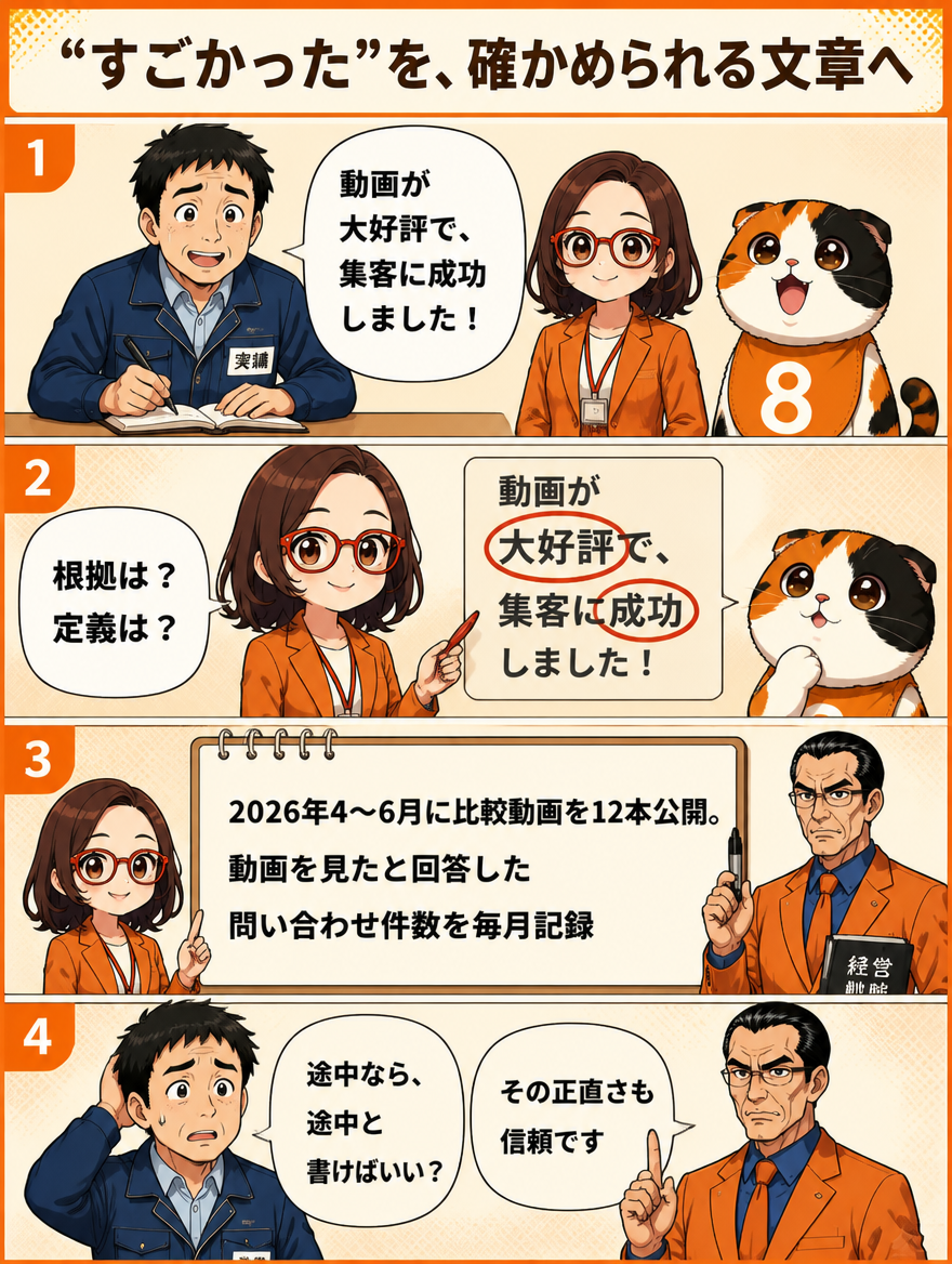 曖昧な実績と具体的な実績の書き方を比較する漫画ページ