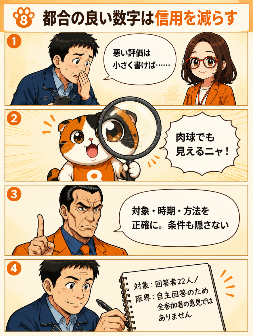 信頼性を高めるために限界や条件も書くことを説明する漫画ページ