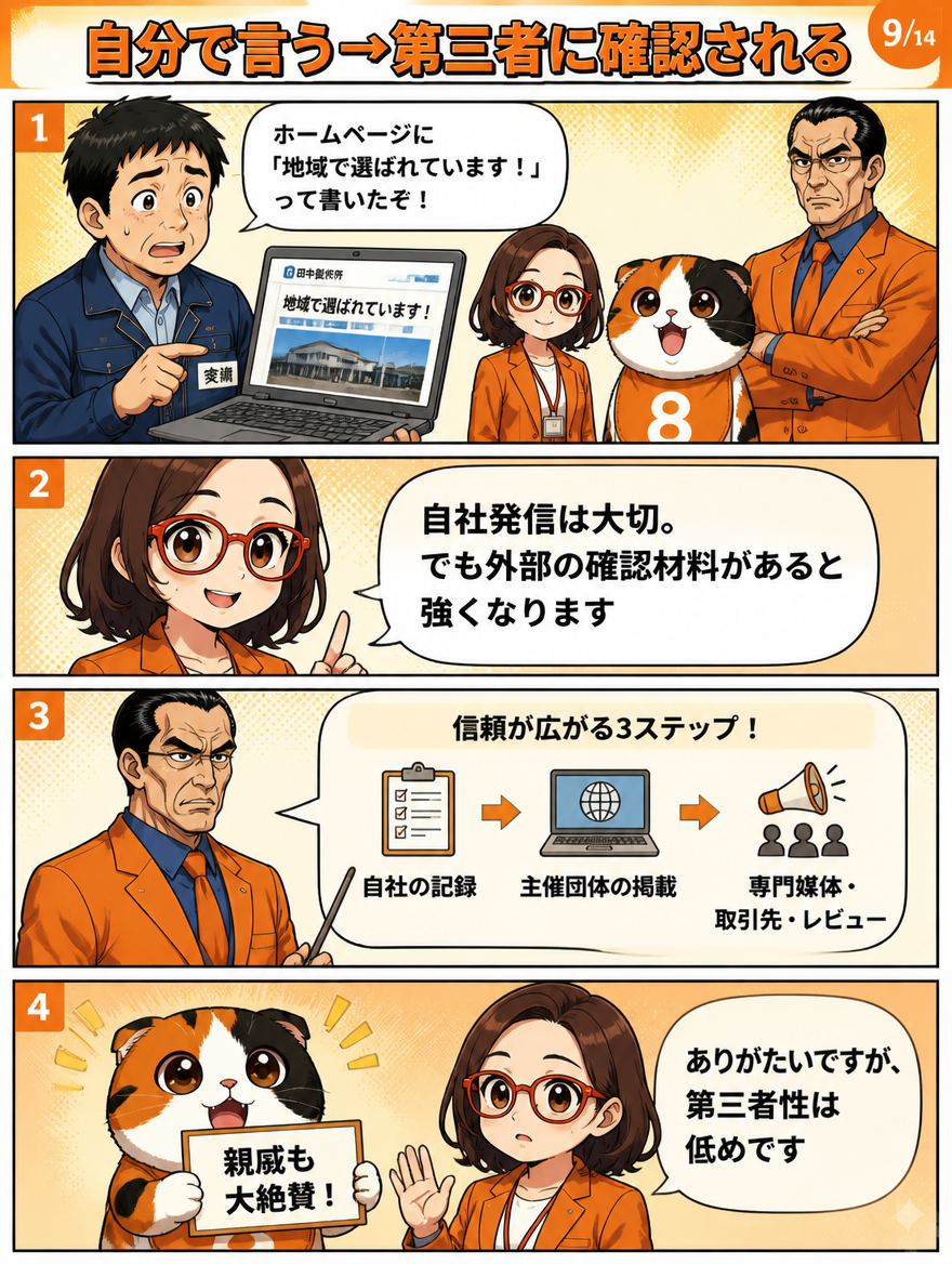 外部評価と第三者からの参照をE-E-A-Tに活かす方法を説明する漫画ページ