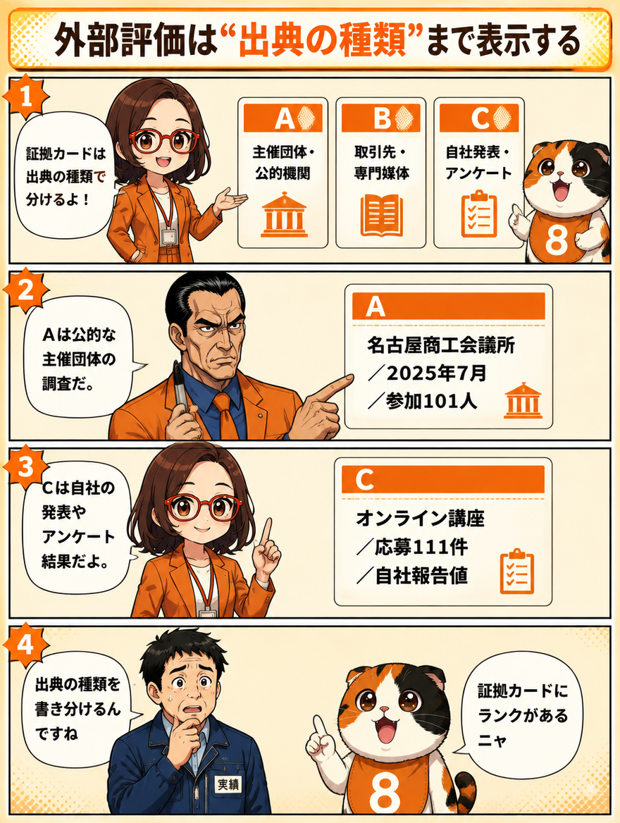 一次情報、公式情報、定量データなど証拠の強さを説明する漫画ページ