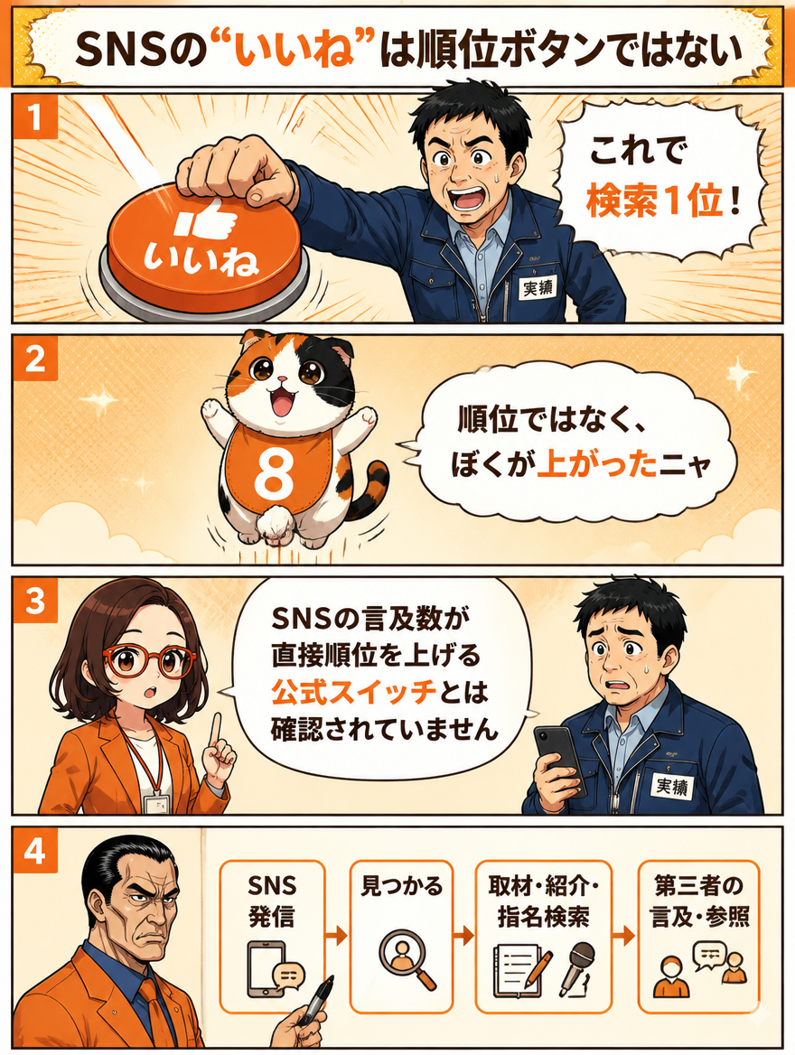 SNSでの言及とE-E-A-T、SEO、AIOの関係を説明する漫画ページ