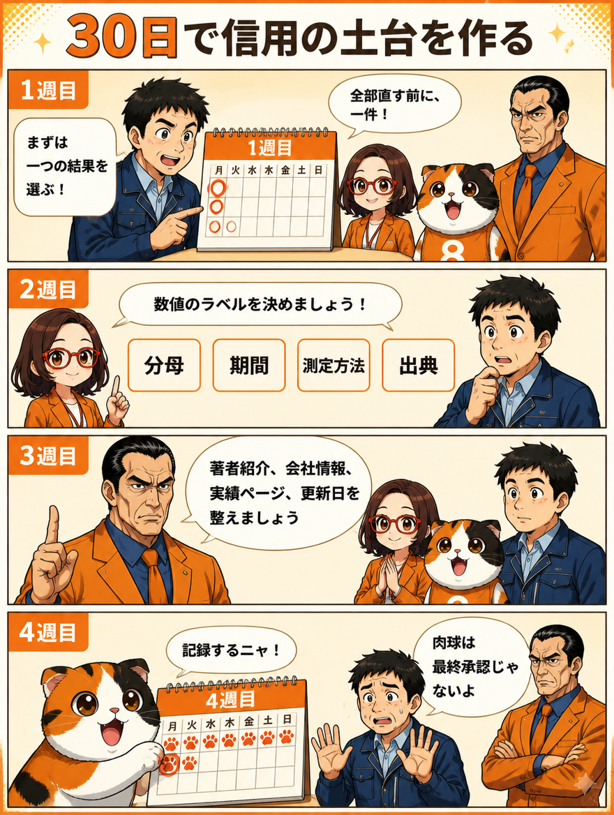 E-E-A-T改善を30日で進める実行計画を説明する漫画ページ