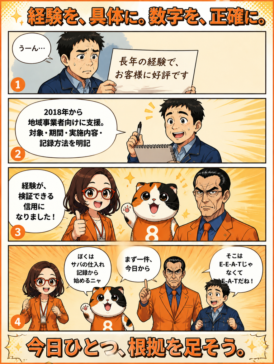 E-E-A-T改善のまとめ。今日ひとつ根拠を足そうと呼びかける漫画ページ