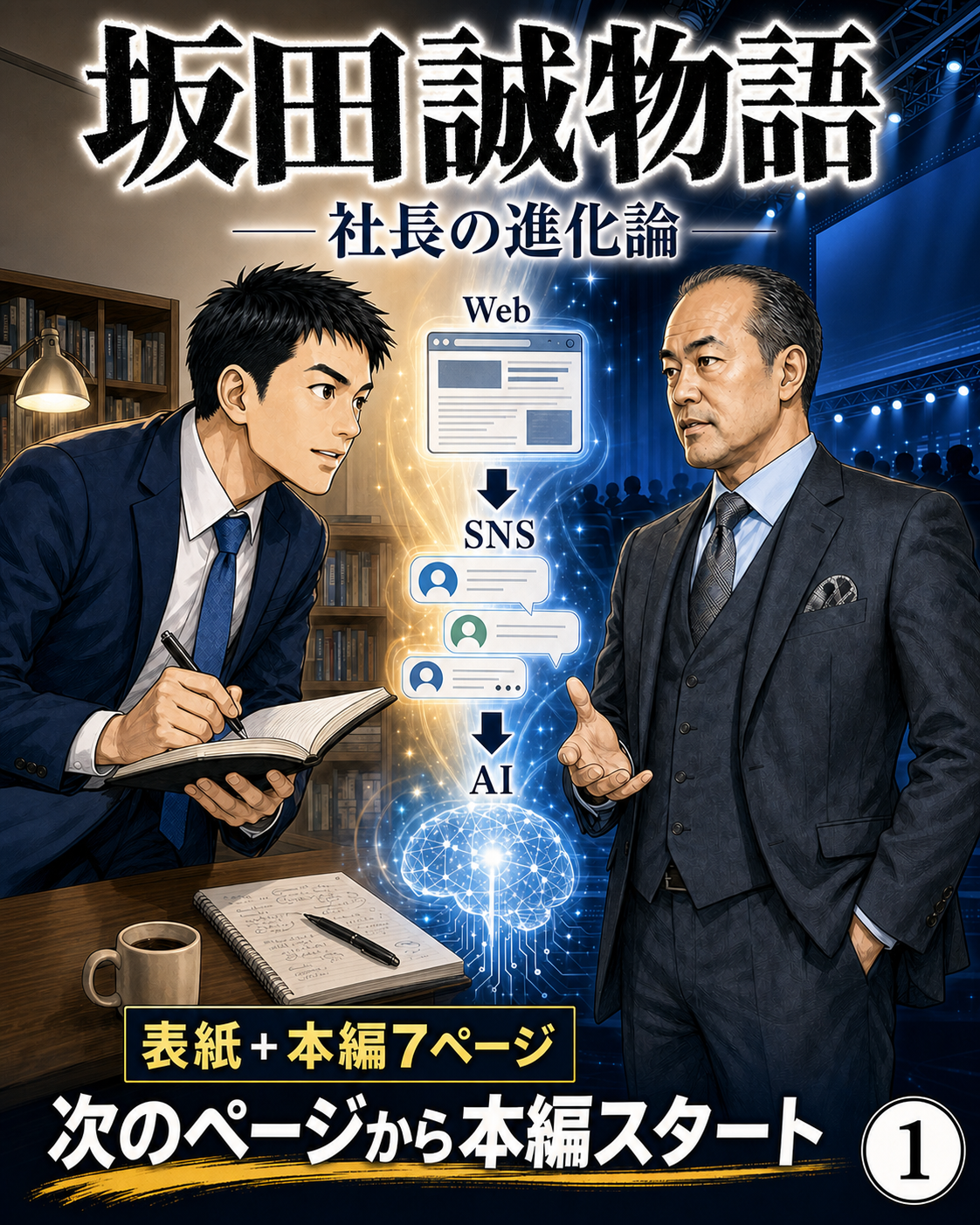 坂田誠物語 表紙。人材会社での現場経験からWeb・SNS・AI活用へ進化する歩みを描いたAI生成漫画