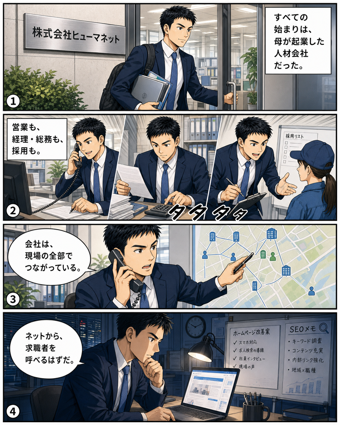 坂田誠物語 1ページ。人材会社での幅広い実務経験を描いたAI生成漫画