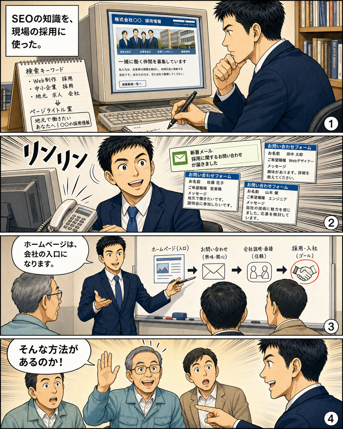 坂田誠物語 2ページ。ホームページ集客とSEOの実務を描いたAI生成漫画