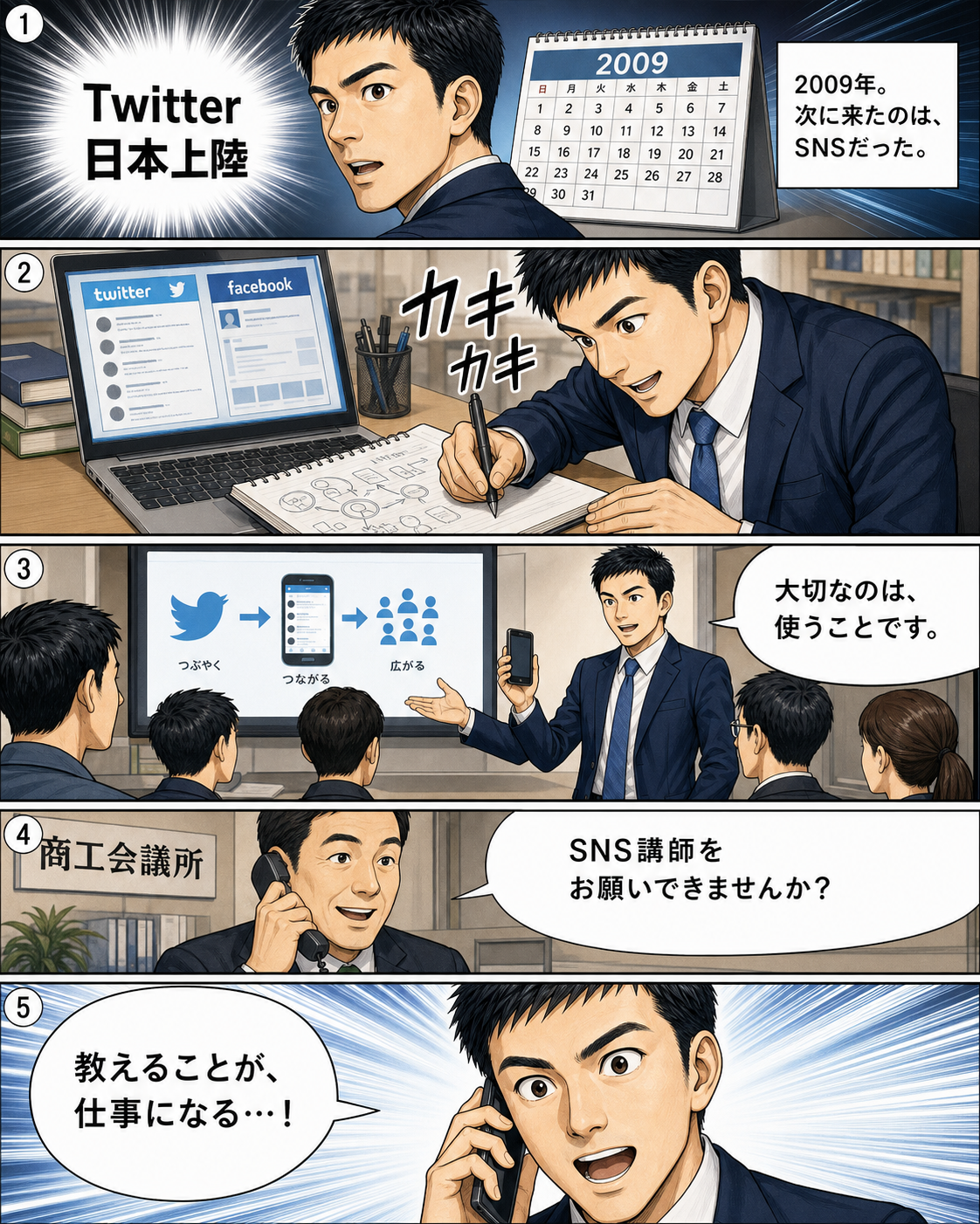 坂田誠物語 3ページ。経営者向け勉強会からSNS講師へ進む転機を描いたAI生成漫画