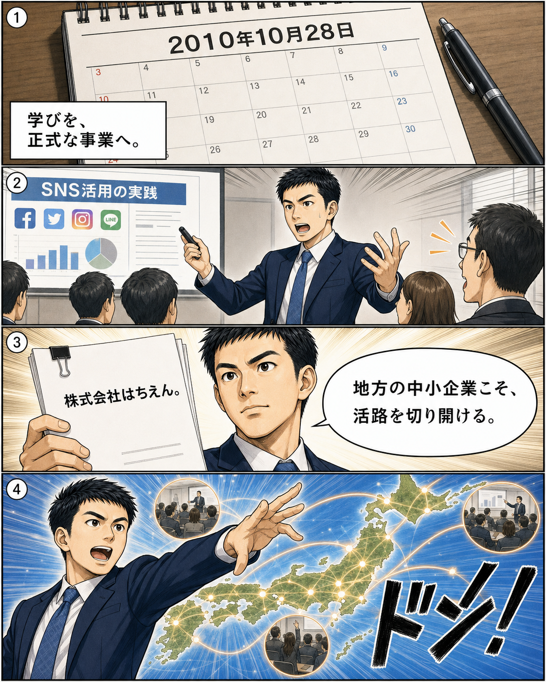 坂田誠物語 4ページ。TwitterやFacebookなどSNS活用を学ぶ姿を描いたAI生成漫画