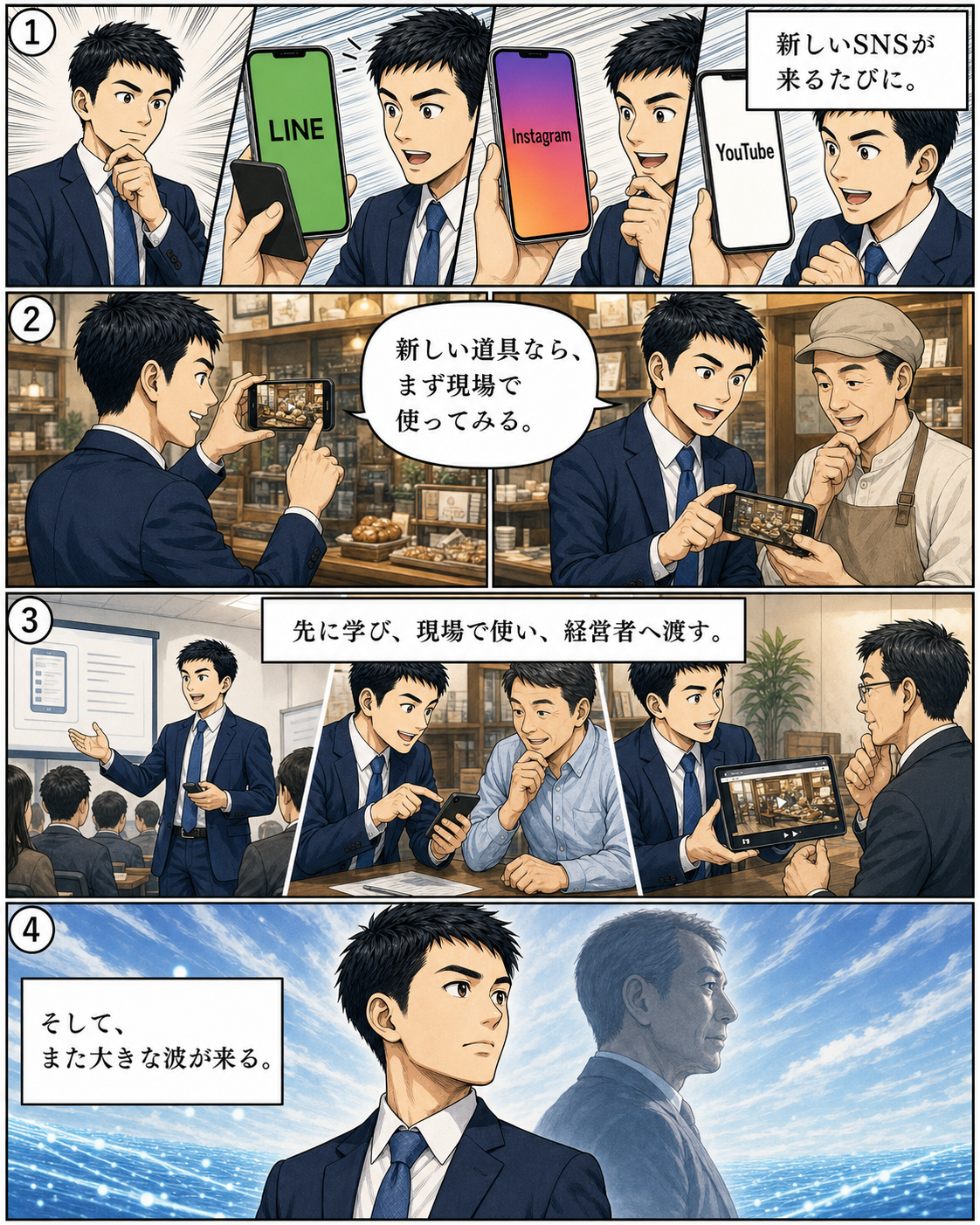 坂田誠物語 5ページ。商工会議所などでSNSを伝える講師活動を描いたAI生成漫画