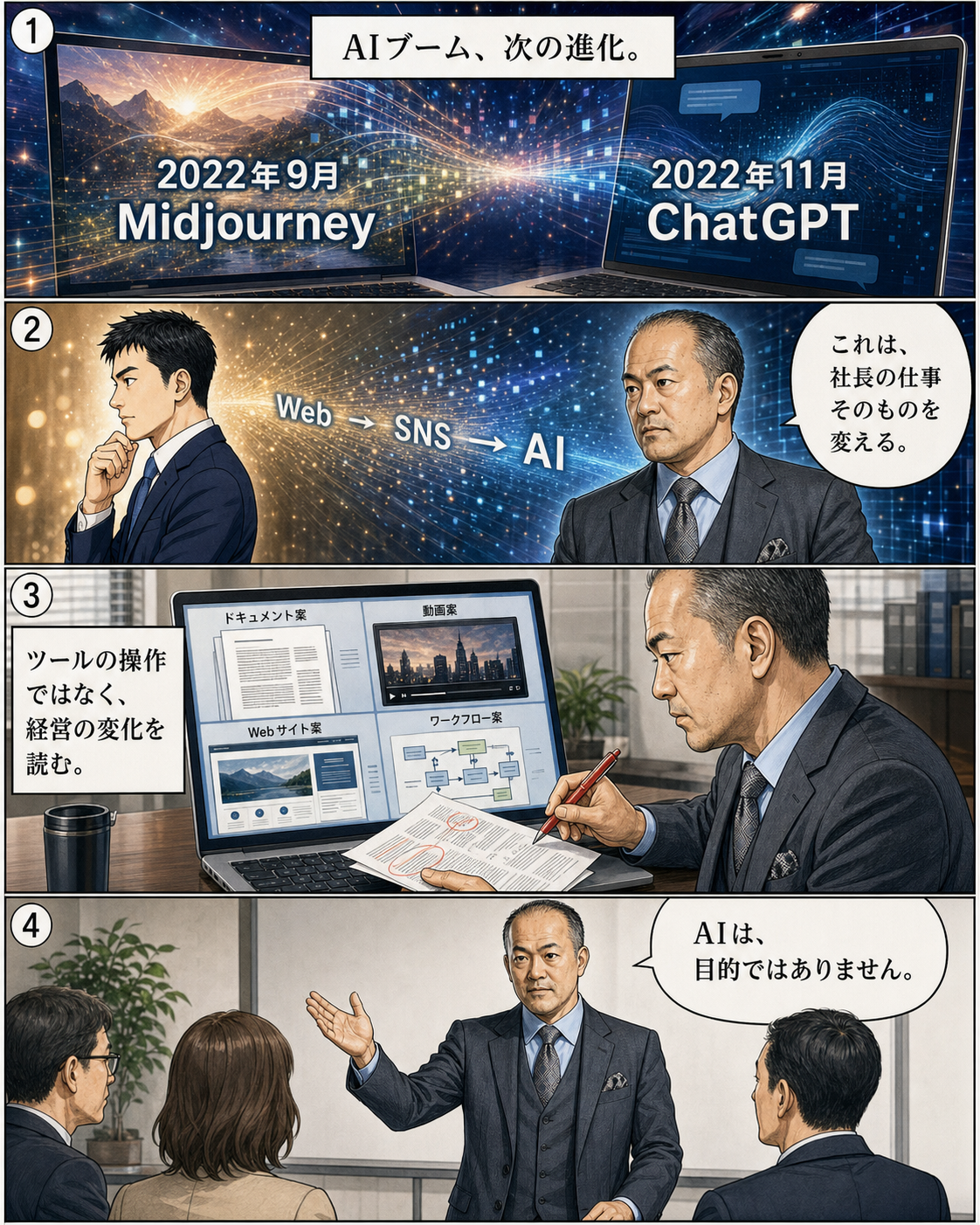 坂田誠物語 6ページ。MidjourneyとChatGPTをきっかけにAIを学ぶ姿を描いたAI生成漫画