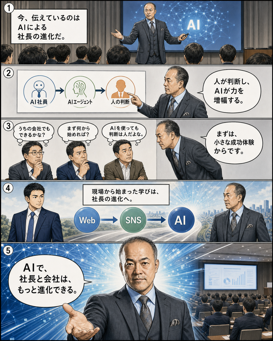 坂田誠物語 7ページ。AI社員やAI活用を社長へ伝える現在を描いたAI生成漫画