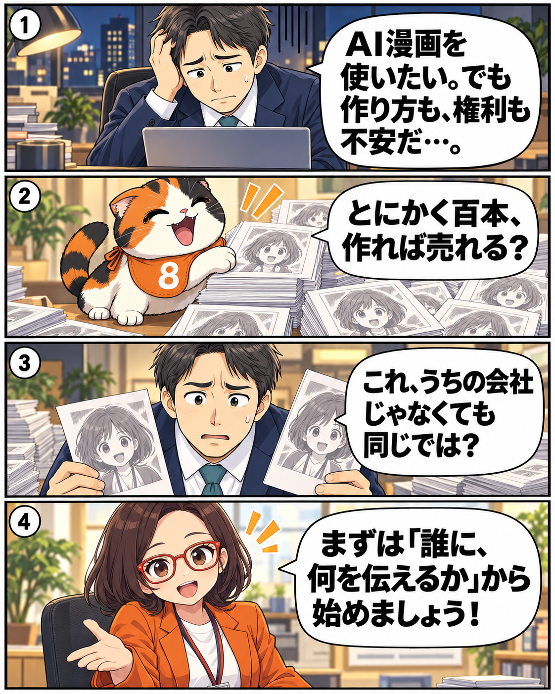 AI漫画の制作方法と権利に悩む社長に、誰に何を伝えるかから考えると案内する漫画