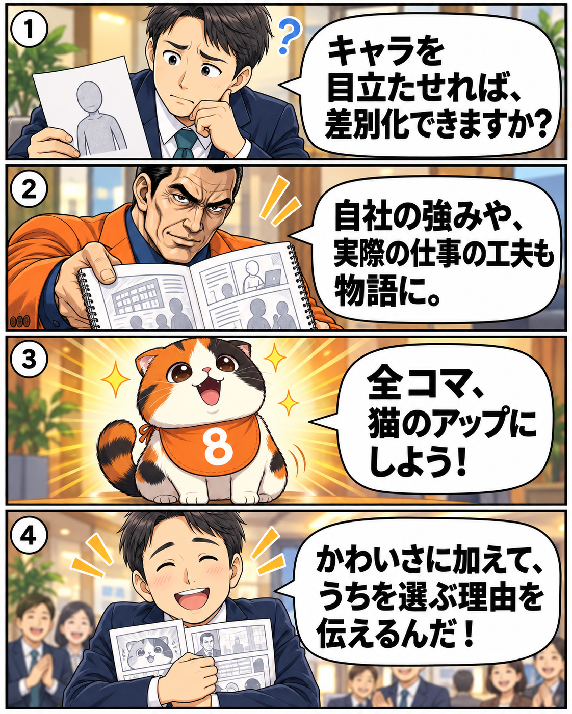 キャラクターの見た目に加え、自社の強みや仕事の工夫でAI漫画を差別化する漫画