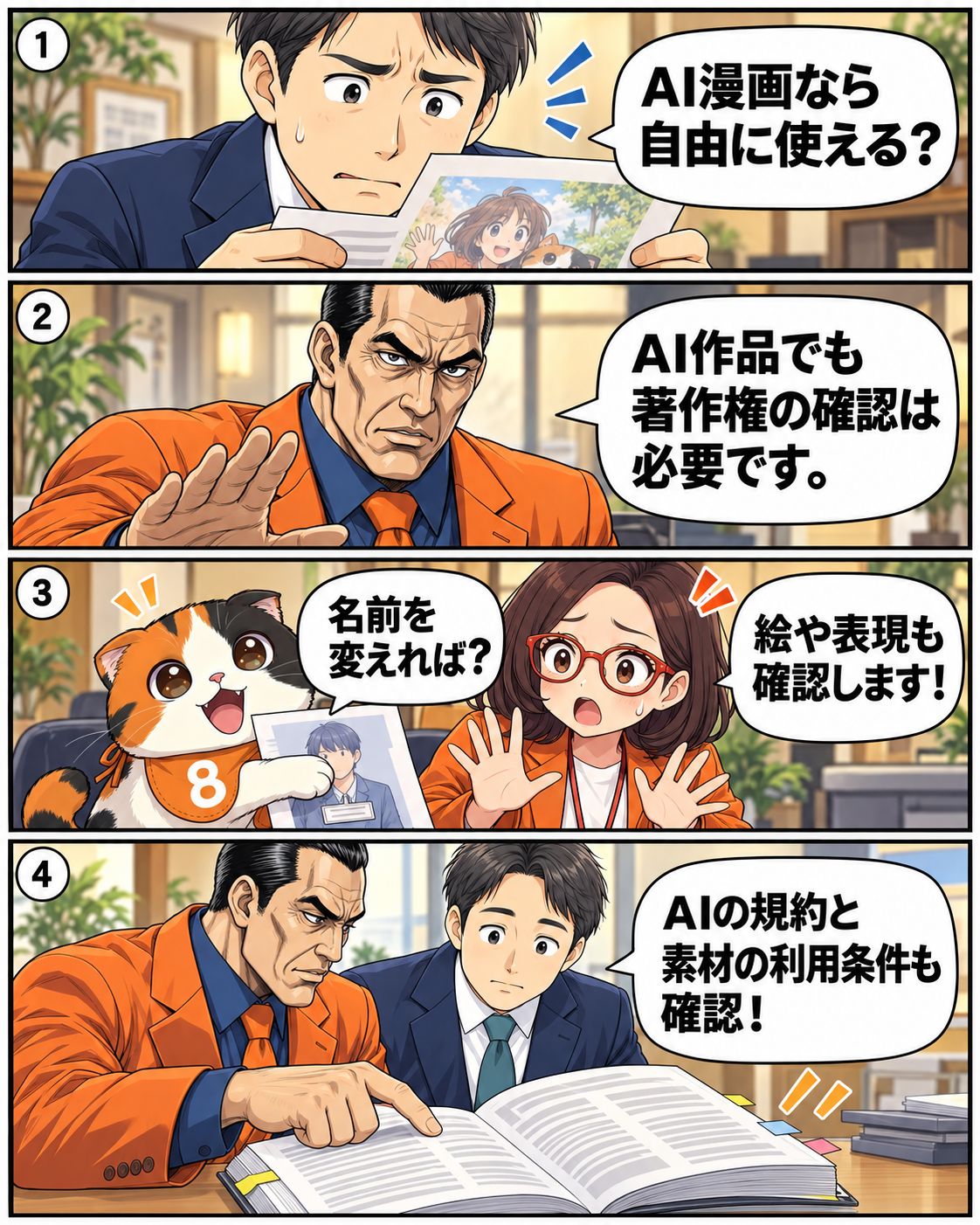 AI漫画でも著作権とAIの利用規約、素材の利用条件の確認が必要と説明する漫画