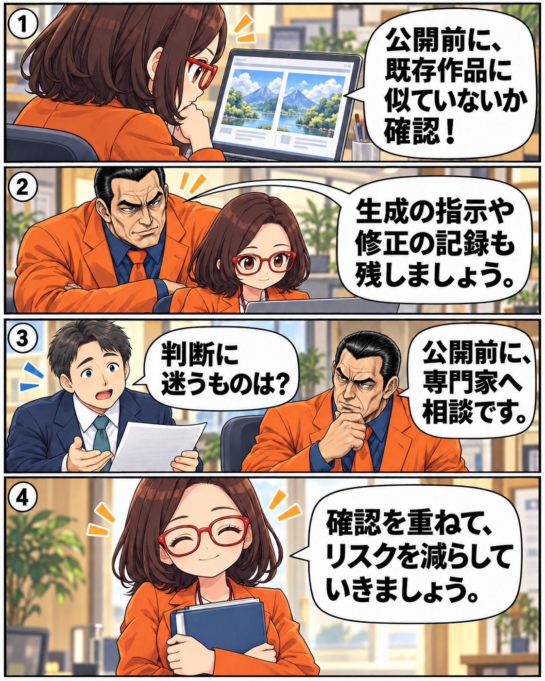 AI漫画の公開前の類似確認、生成と修正の記録、専門家への相談を説明する漫画