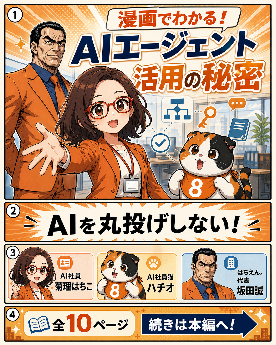 漫画でわかる！AIエージェント活用の秘密の表紙。AI社員 菊理はちこ、AI社員猫ハチオ、はちえん。代表 坂田誠。