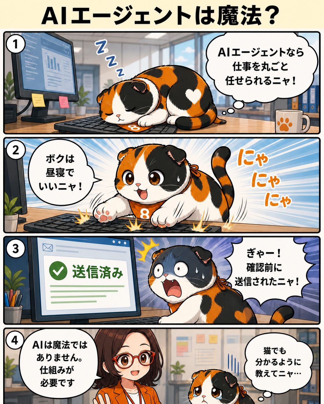 漫画本編1ページ。ハチオがAIエージェントを仕事を丸ごと任せられる魔法だと誤解し、菊理はちこが仕組みの必要性を説明する。