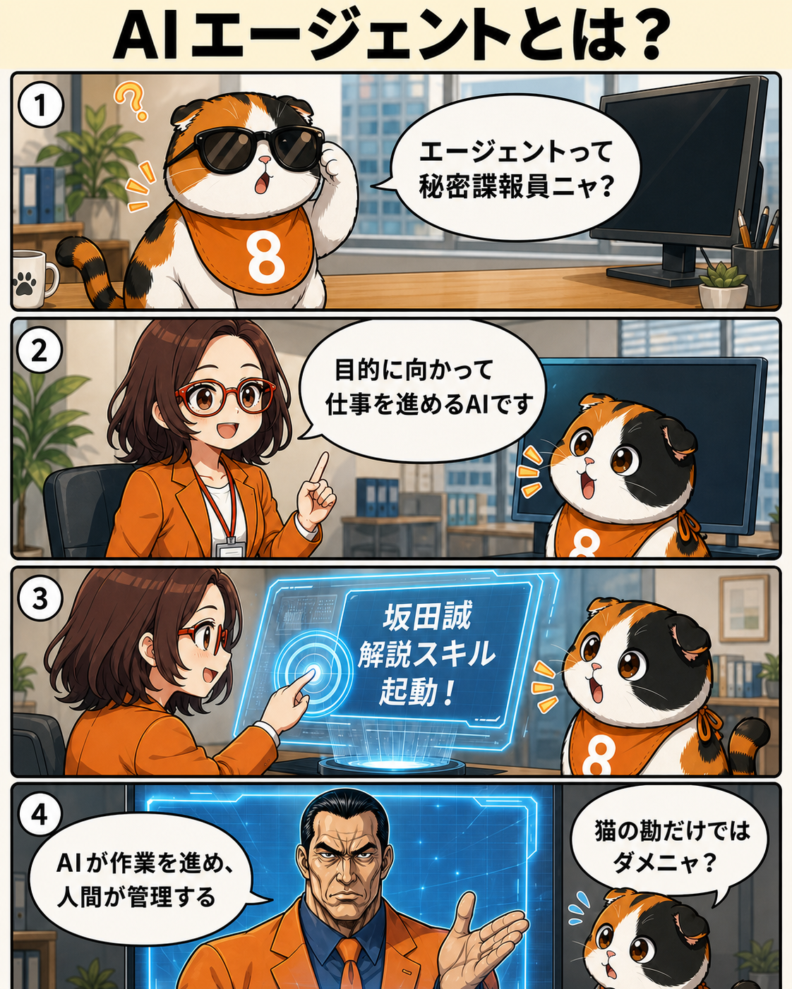 漫画本編2ページ。菊理はちことハチオが、目的に向かって仕事を進めるAIエージェントの役割を学ぶ。坂田誠の解説ホログラム。