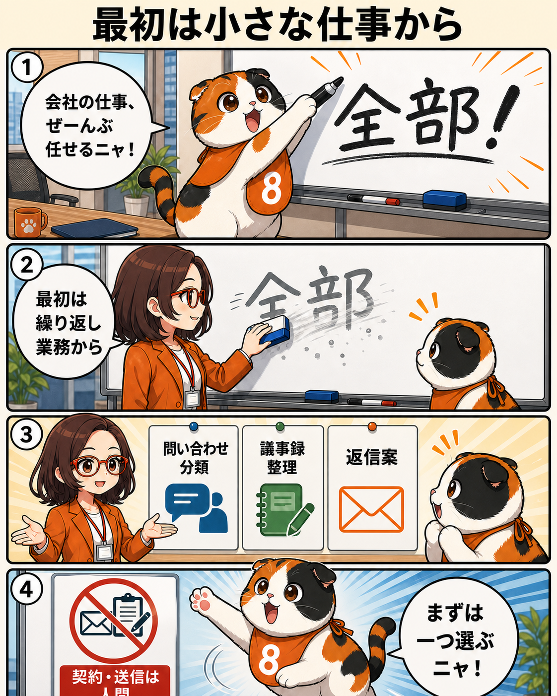 漫画本編3ページ。AIエージェント活用は、問い合わせ分類や議事録整理など小さな繰り返し業務から始めることを説明する。