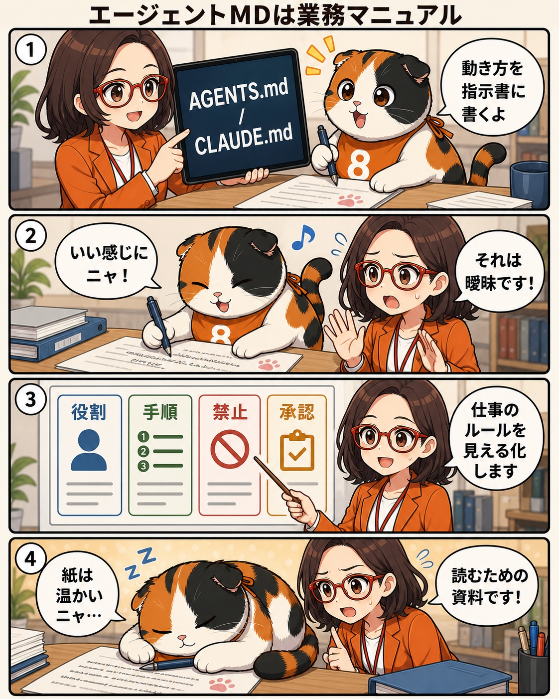 漫画本編4ページ。菊理はちこがエージェントMDを業務マニュアルとして説明し、目的・禁止事項・確認方法を書く大切さを伝える。