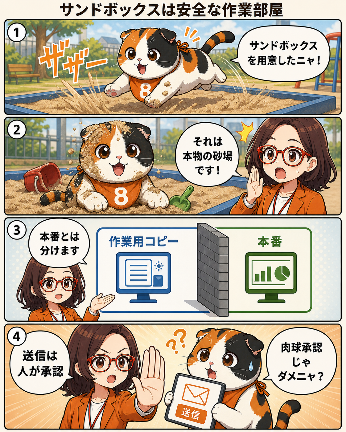 漫画本編5ページ。ハチオがサンドボックスを砂場と勘違いし、菊理はちこがAIの作業を安全に隔離する考え方を解説する。