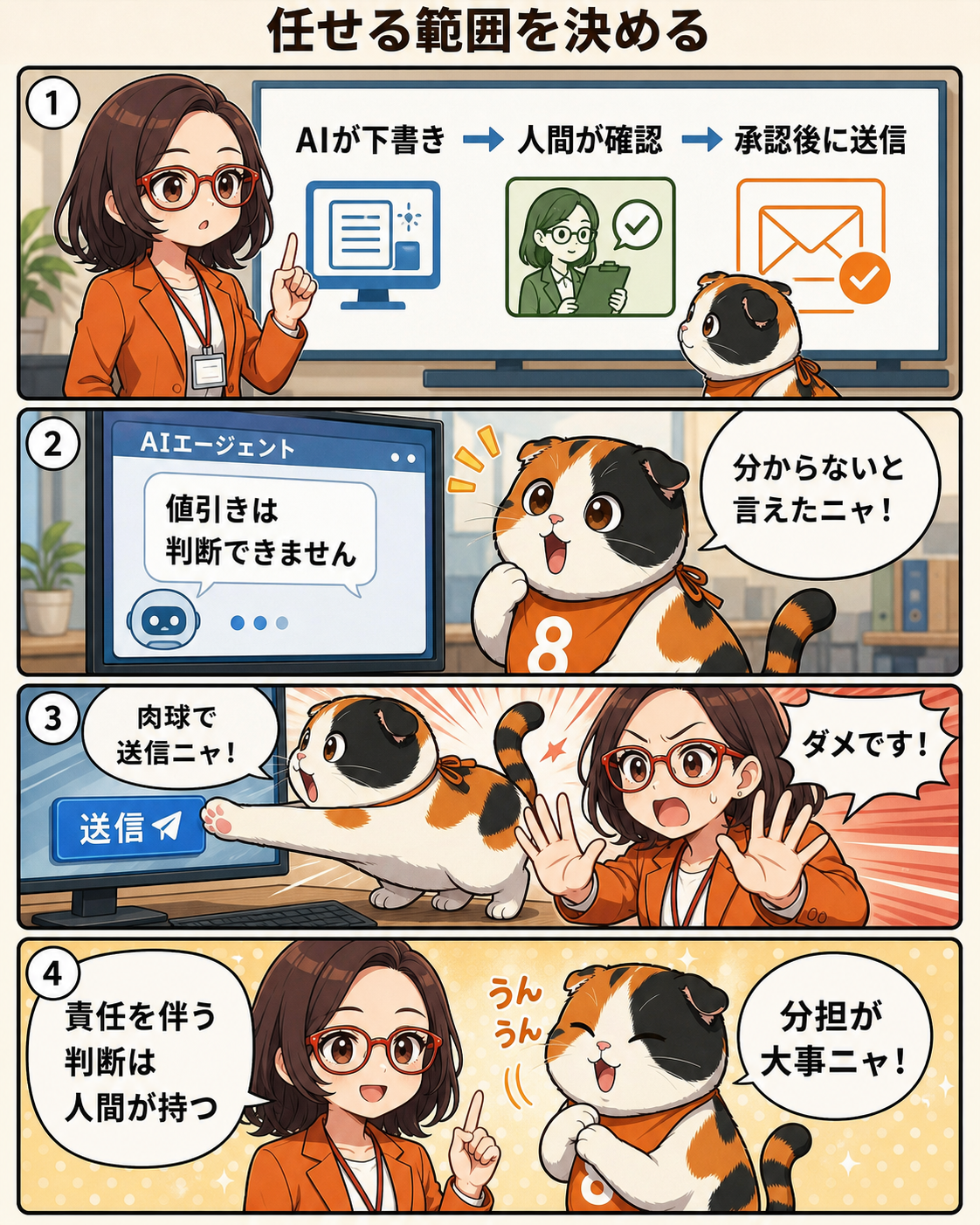 漫画本編7ページ。AIに任せる範囲と、人が最終承認する範囲を決める重要性を説明する。