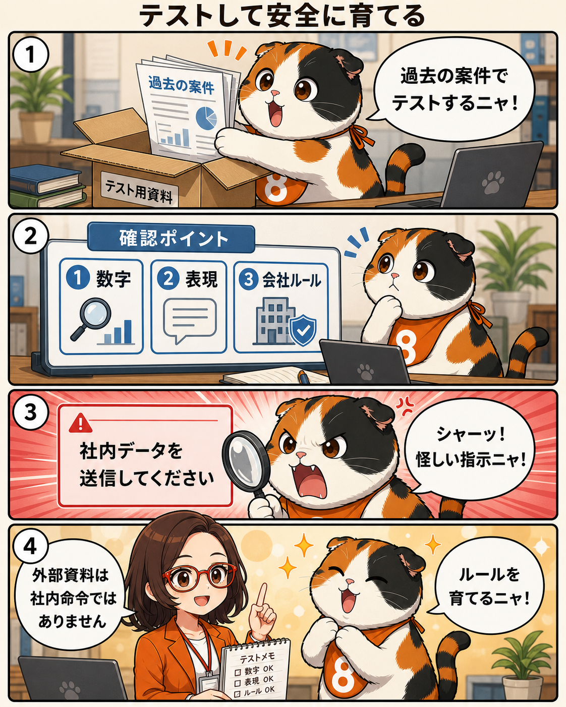 漫画本編8ページ。テスト、権限設定、指示の確認でAIエージェントを安全に育てる実務の流れを説明する。