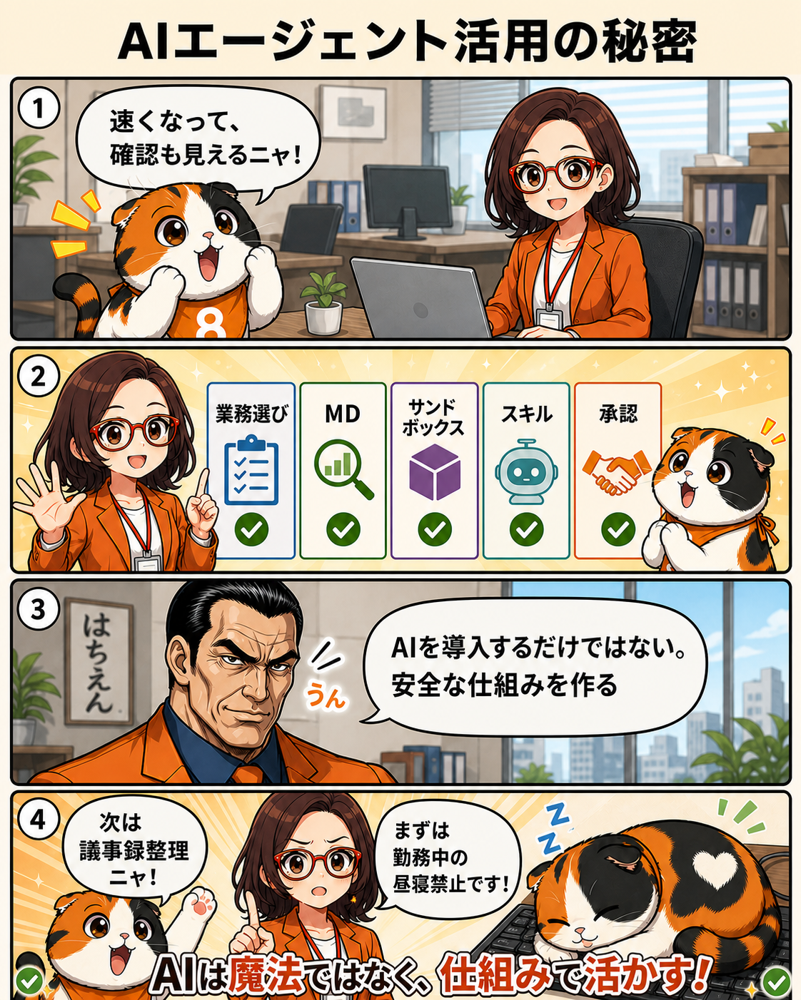 漫画本編9ページ。業務選び、MD、サンドボックス、スキル、承認というAIエージェント活用の5つの要点をまとめる。