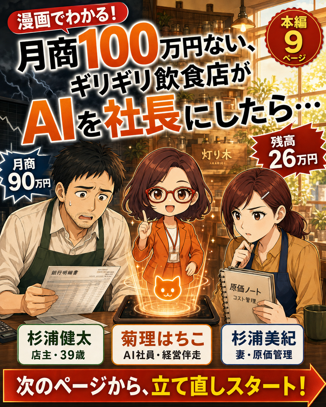 漫画表紙:月商90万円の家族経営カフェがAI社員 菊理はちこへ経営相談する物語