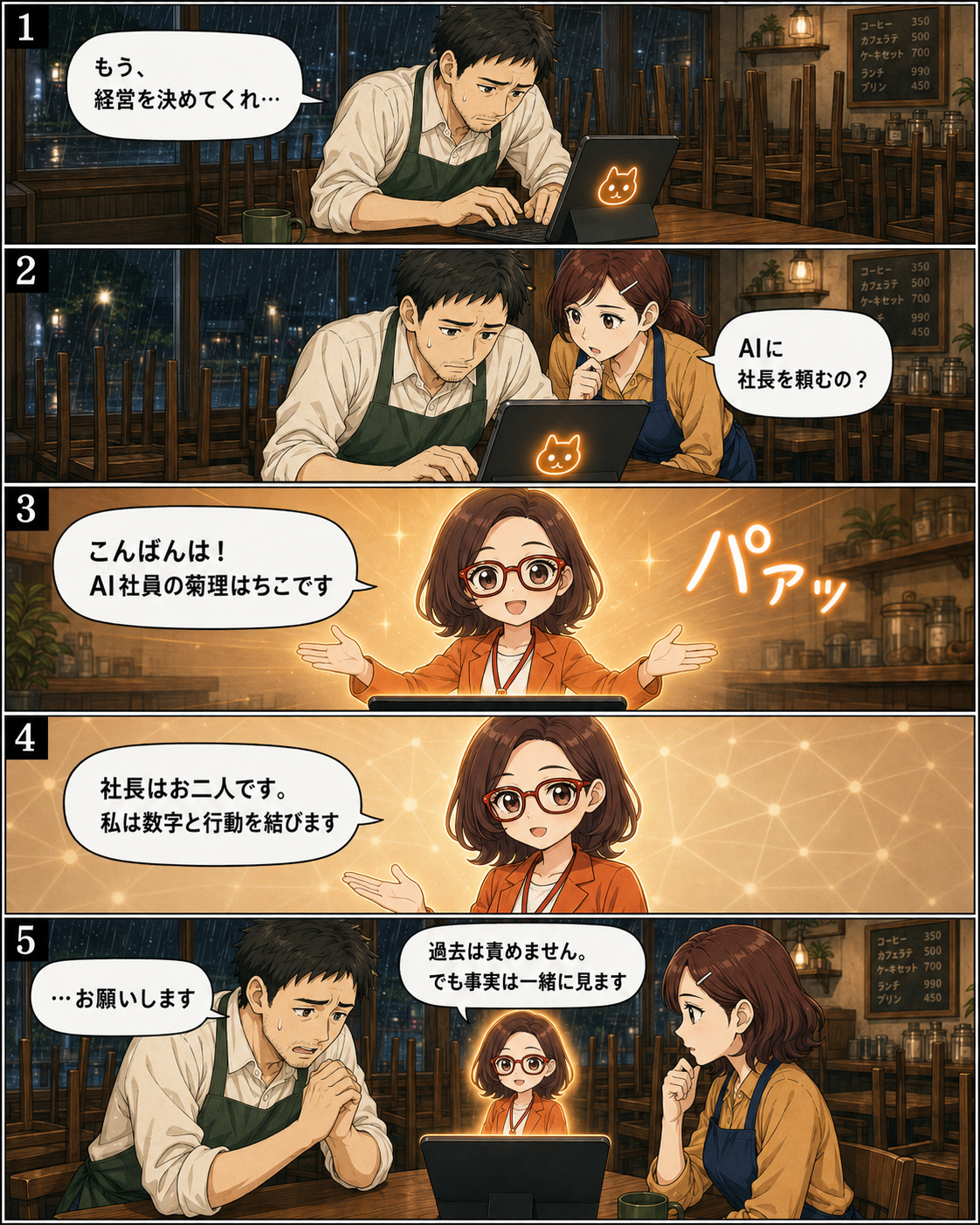 漫画第2ページ:カフェ夫婦がAI社員 菊理はちこに経営の悩みを正直に相談する場面
