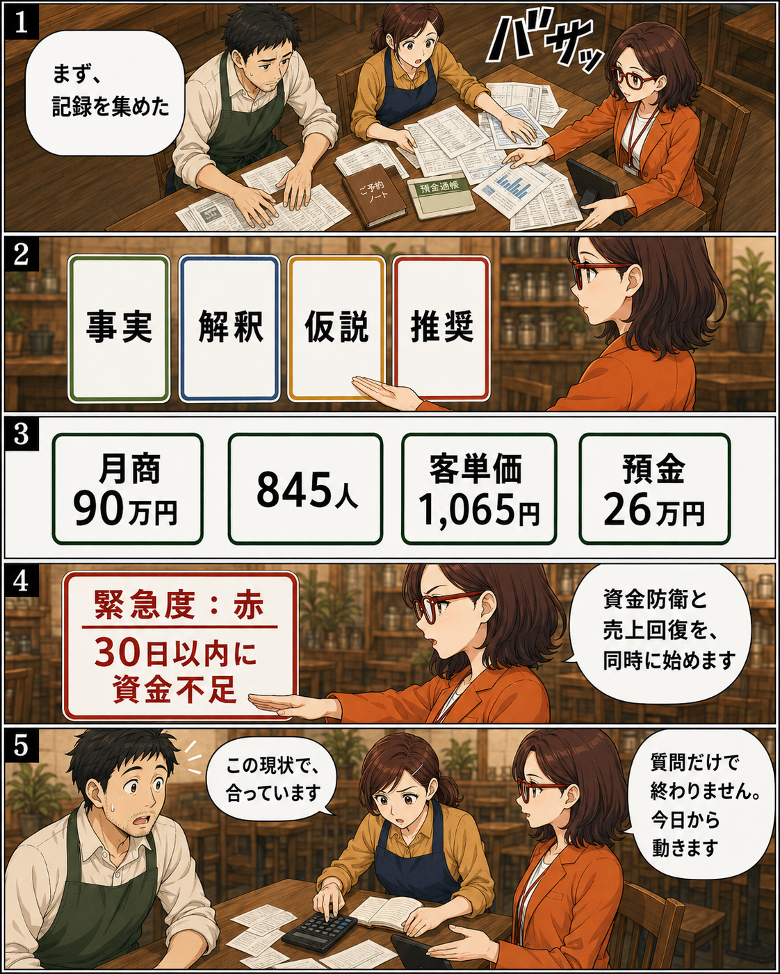 漫画第3ページ:事実、解釈、仮説、推奨を分けて経営課題を整理する図解