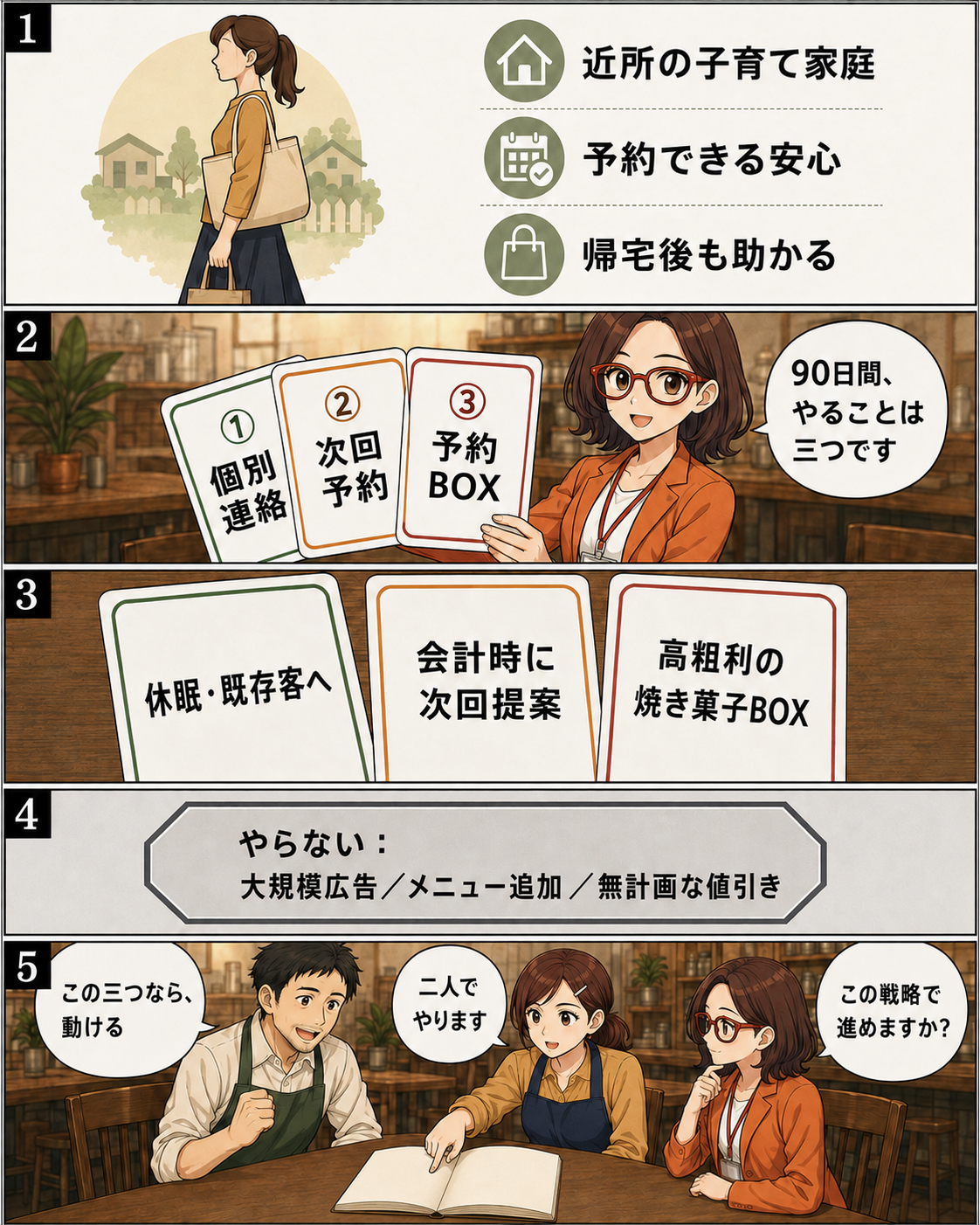 漫画第5ページ:個別連絡、次回予約、予約BOXの三戦略を決めるカフェ夫婦とAI社員