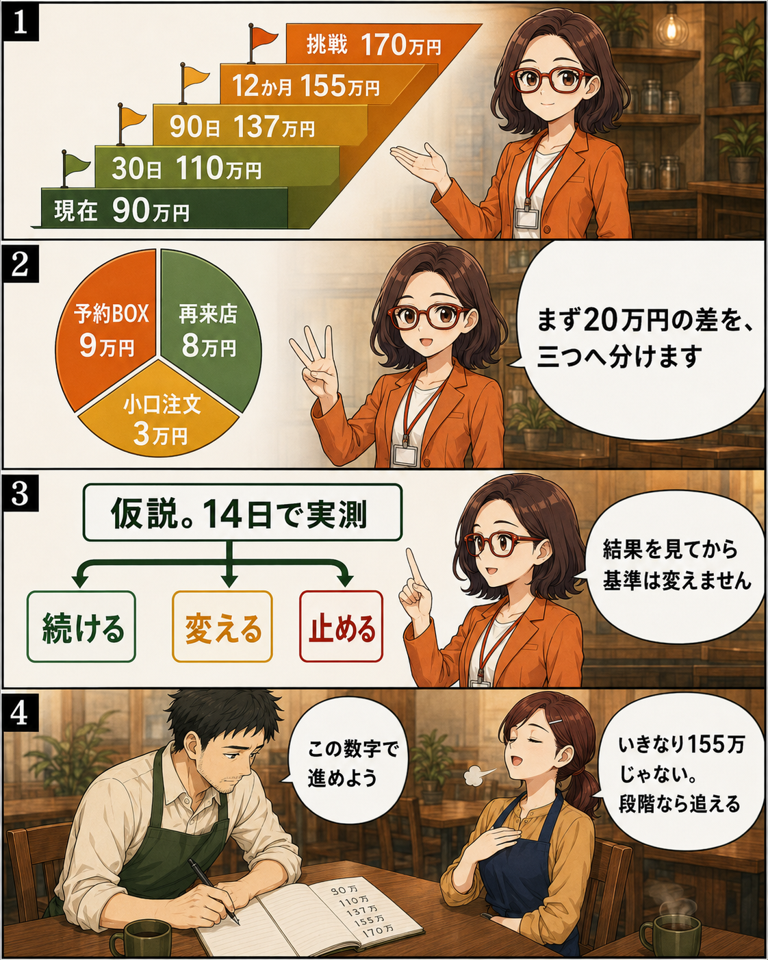 漫画第6ページ:月商110万円、137万円、155万円へ段階目標を示すKPIロードマップ