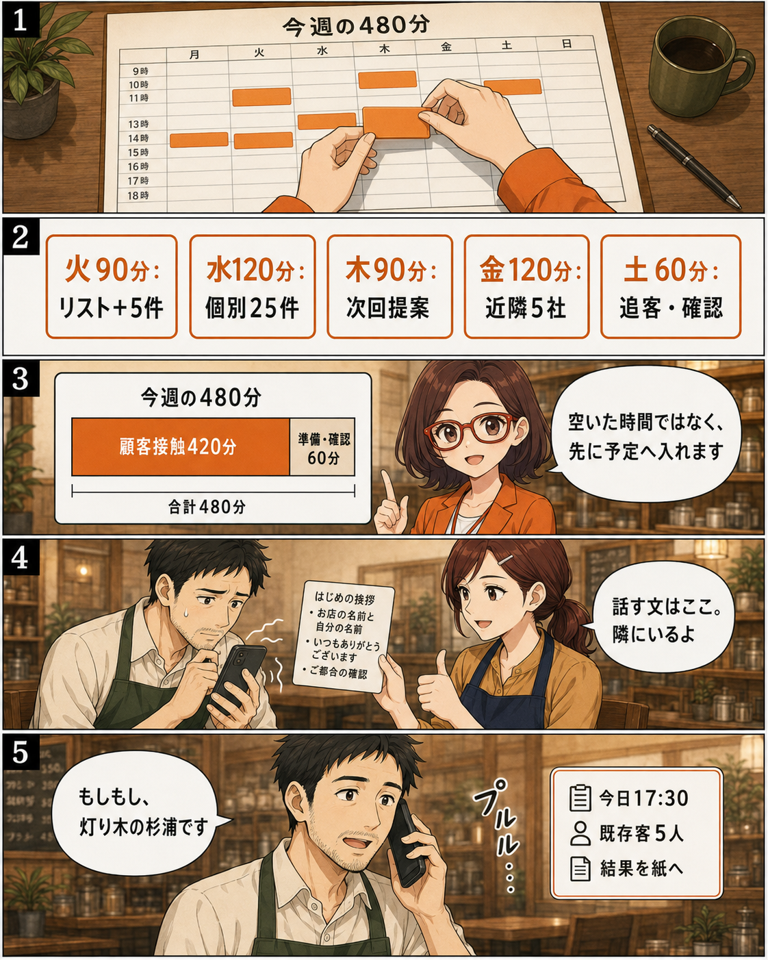漫画第7ページ:週480分の行動時間と既存客への連絡を予定に入れるカフェ店主