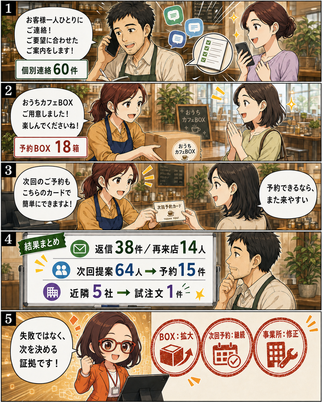 漫画第8ページ:個別連絡60件、予約BOX18箱など14日間の検証結果を確認する図解