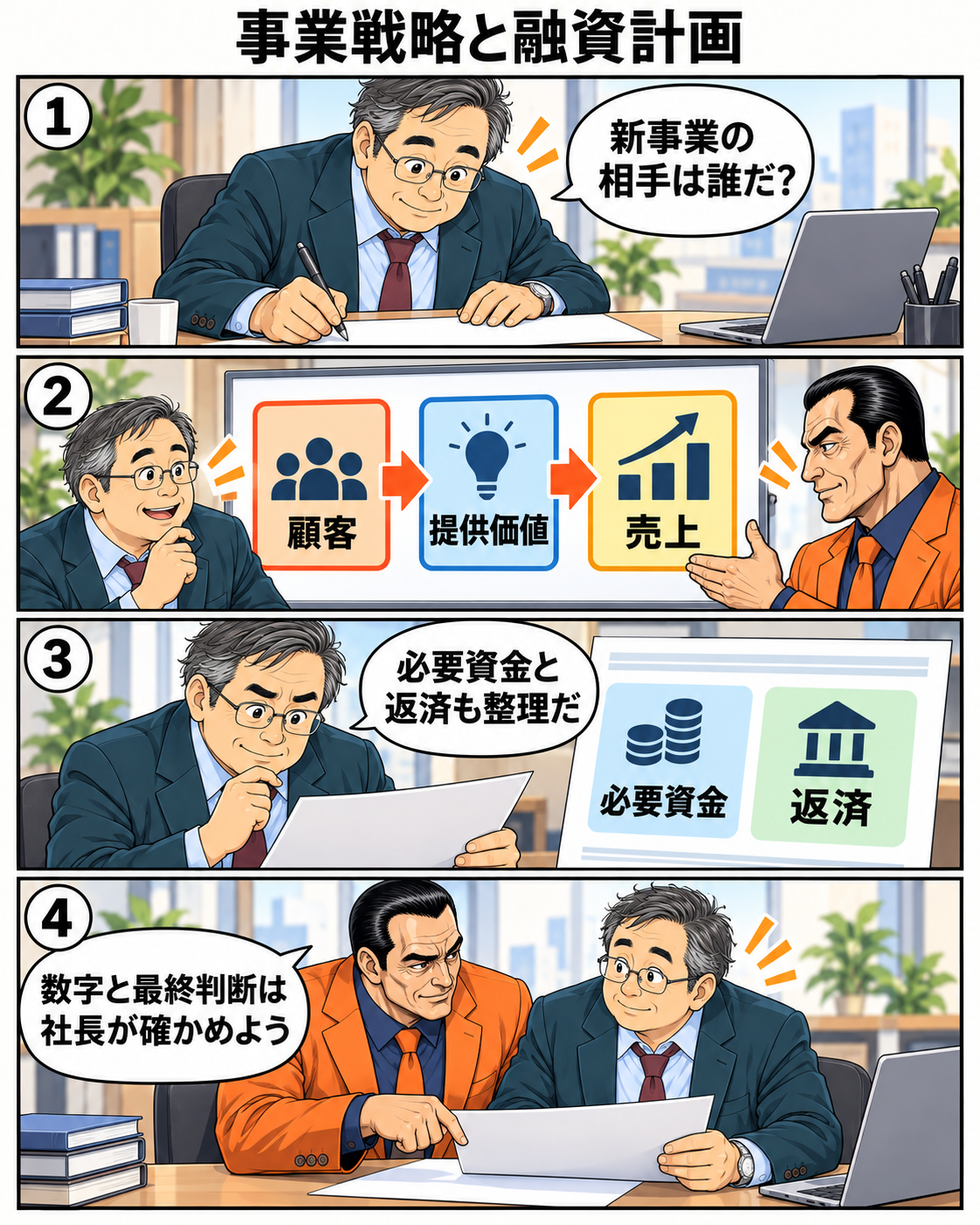 漫画5ページ。AIを使って顧客、提供価値、売上をつなぐ事業戦略と融資計画を考える