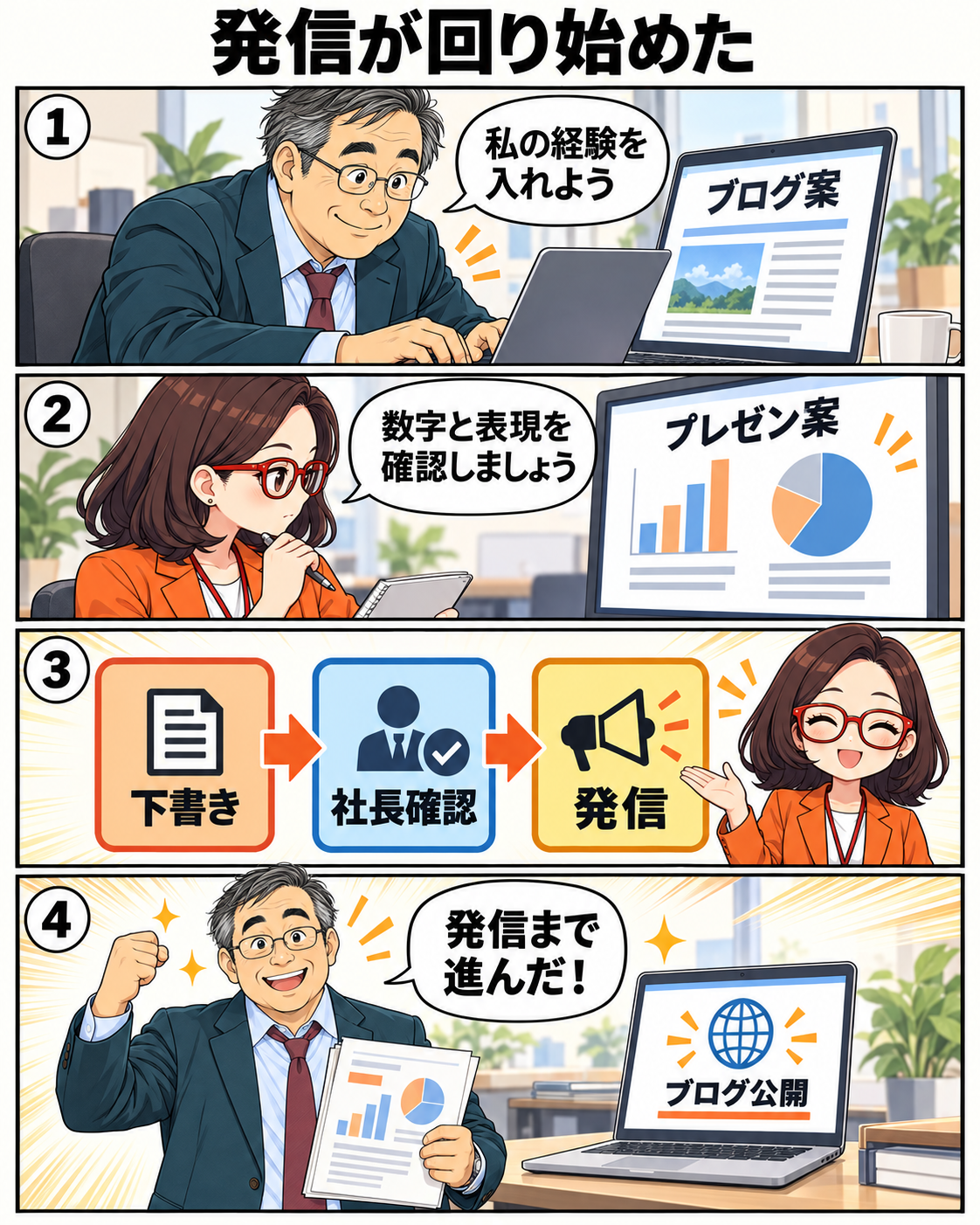 漫画7ページ。AI社員・菊理はちこの支援で社長ブログとプレゼン資料の作成が回り始める