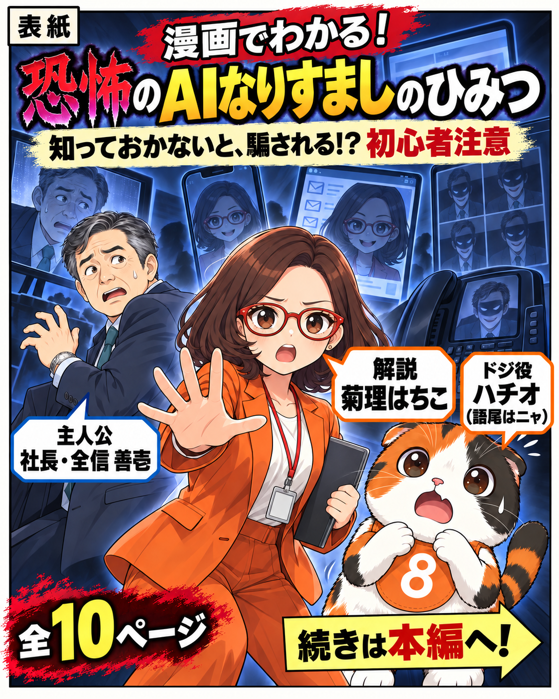 漫画表紙。AIなりすまし詐欺を学ぶ菊理はちこ、ドジ役猫のハチオ、社長・全信善壱の人物紹介。