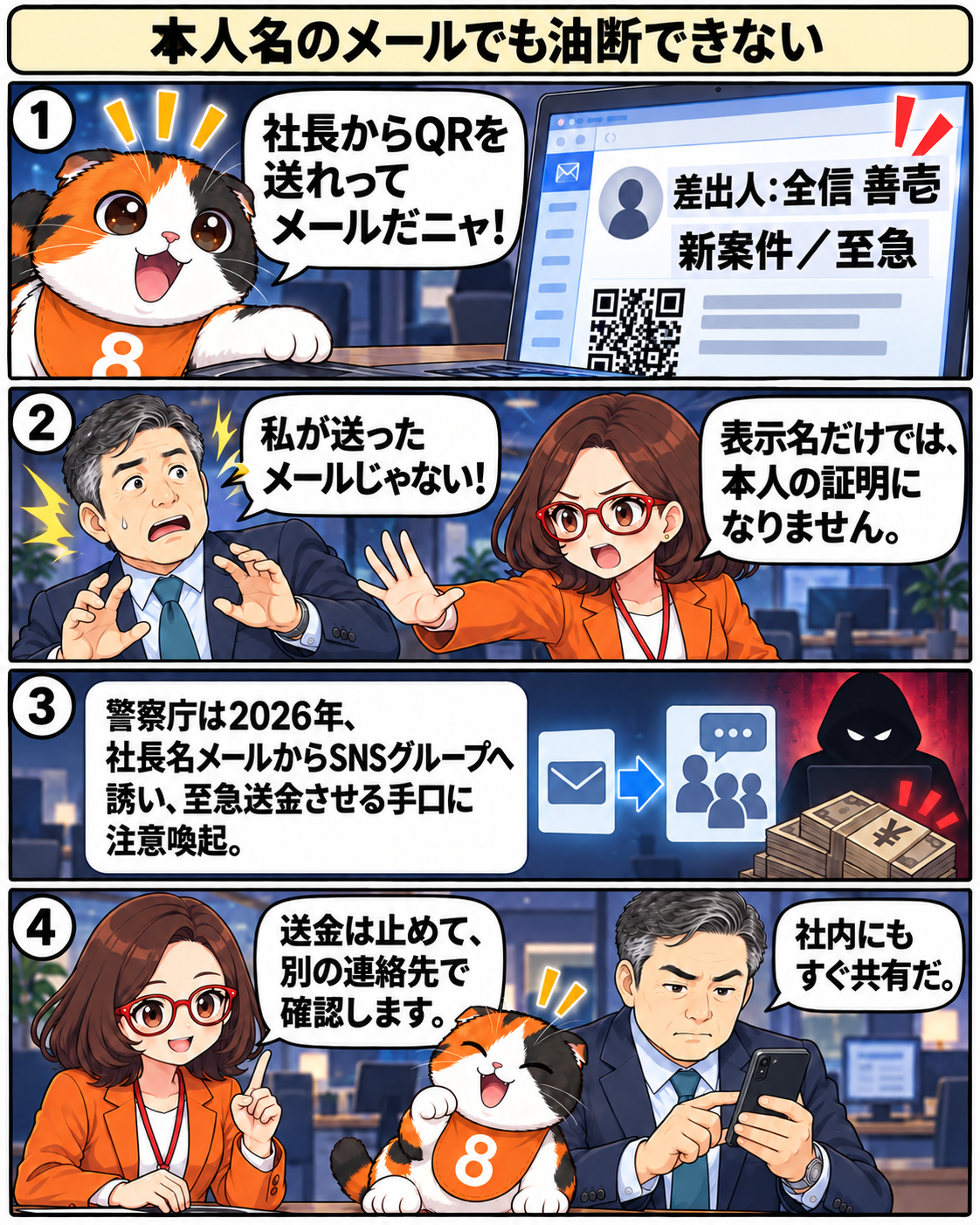 漫画1ページ。社長を名乗るメールからSNSグループと送金へ誘導する手口、既知の連絡先で確認する場面。