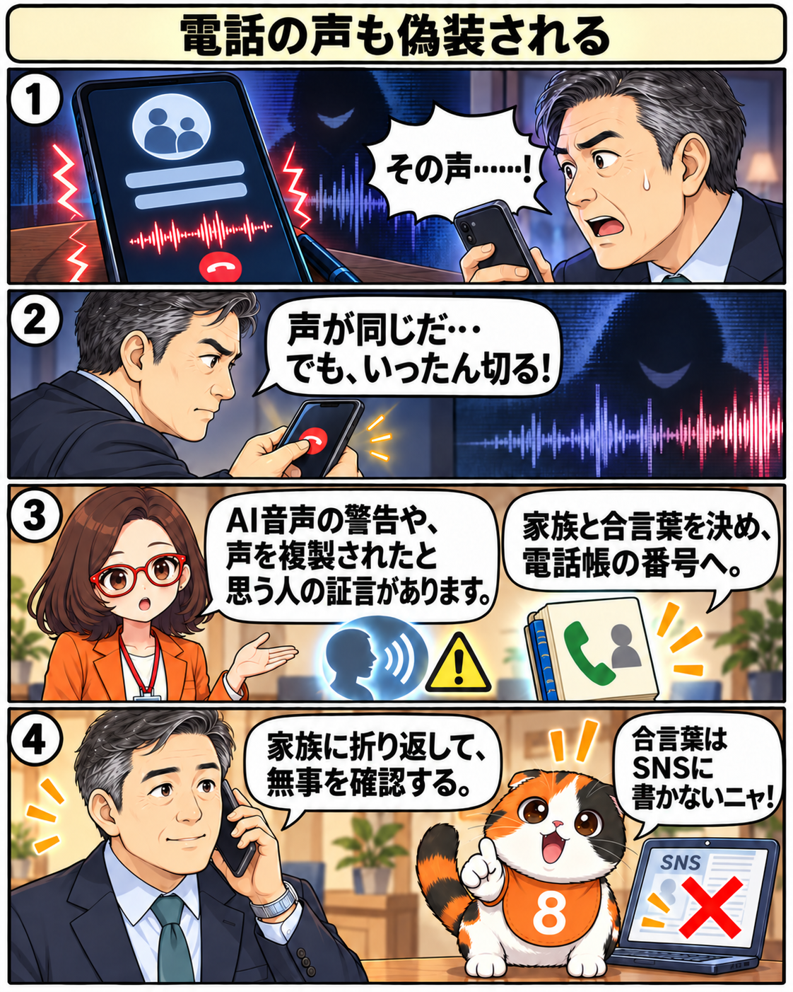 漫画3ページ。家族に似た声の電話に動揺し、既知番号への折り返しと合言葉で確認する場面。