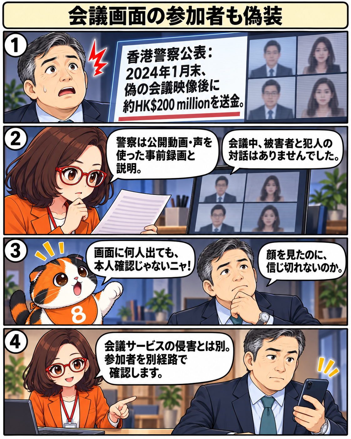 漫画4ページ。事前録画の偽ビデオ会議による送金被害例と、参加者を別経路で確認する場面。