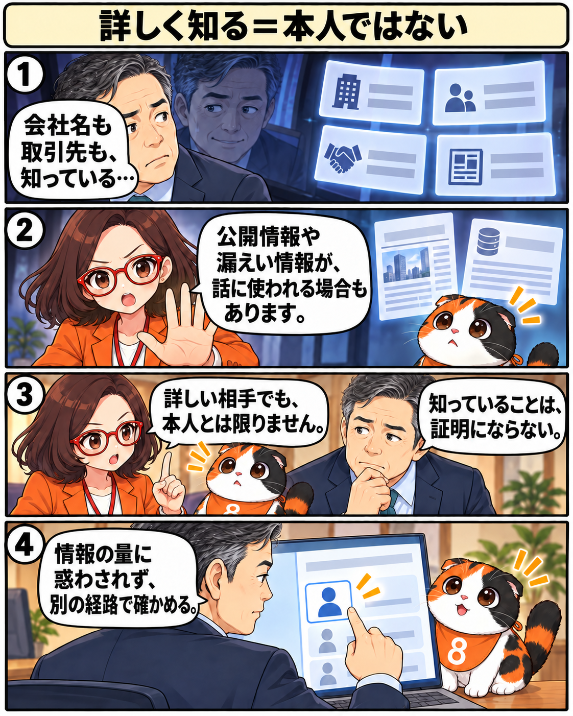 漫画5ページ。会社名や取引先を知ることは本人証明にならず、別経路で確認する場面。