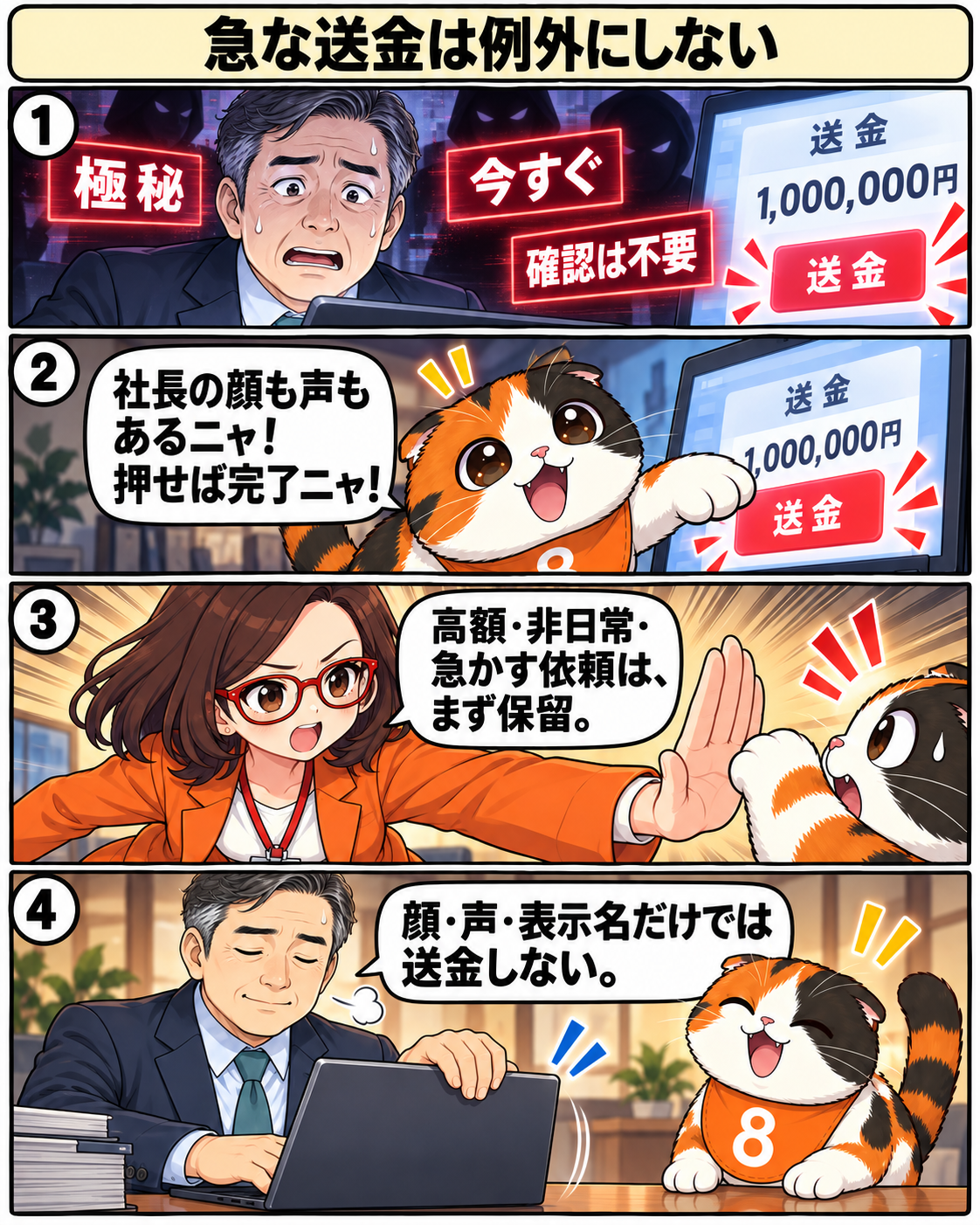 漫画6ページ。至急・極秘の送金指示を保留し、顔や声だけで送金しないと決める場面。