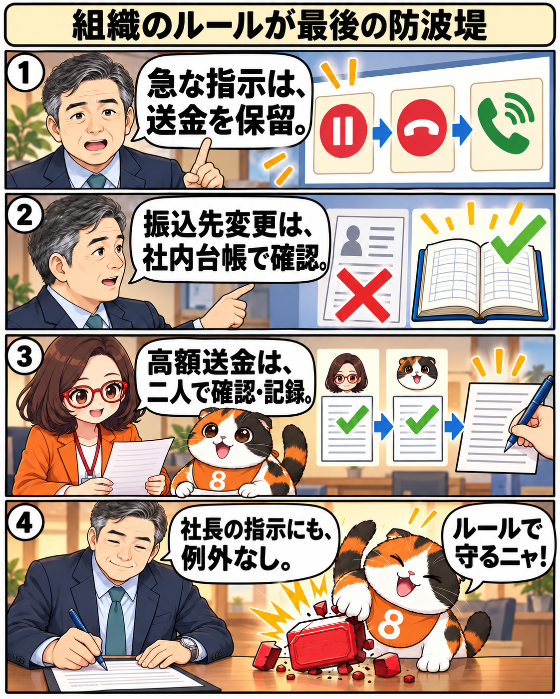 漫画7ページ。保留、別経路確認、二人承認、記録を会社のルールにする場面。