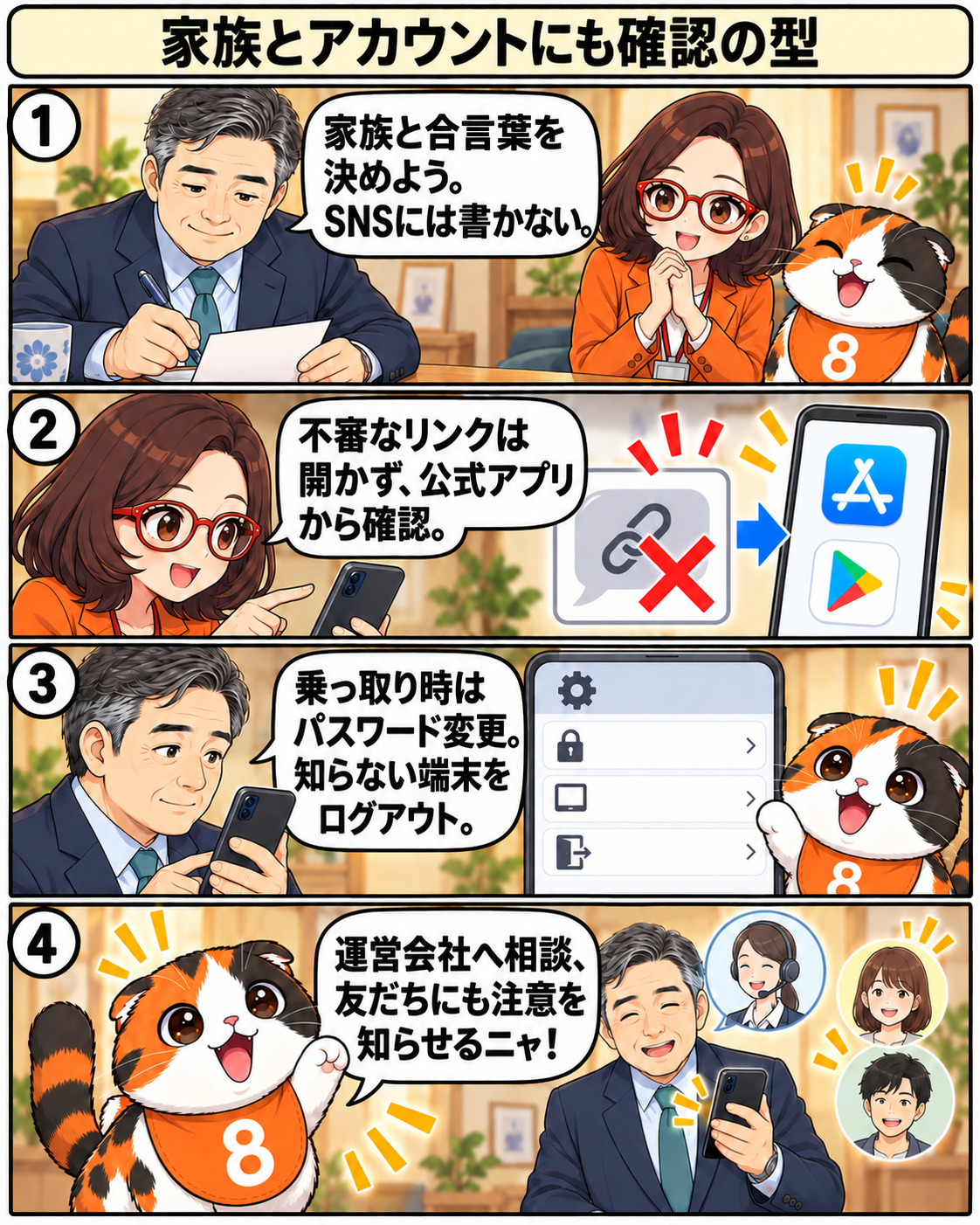 漫画8ページ。家族の合言葉、公式アプリでの確認、アカウント乗っ取り対策を描く場面。
