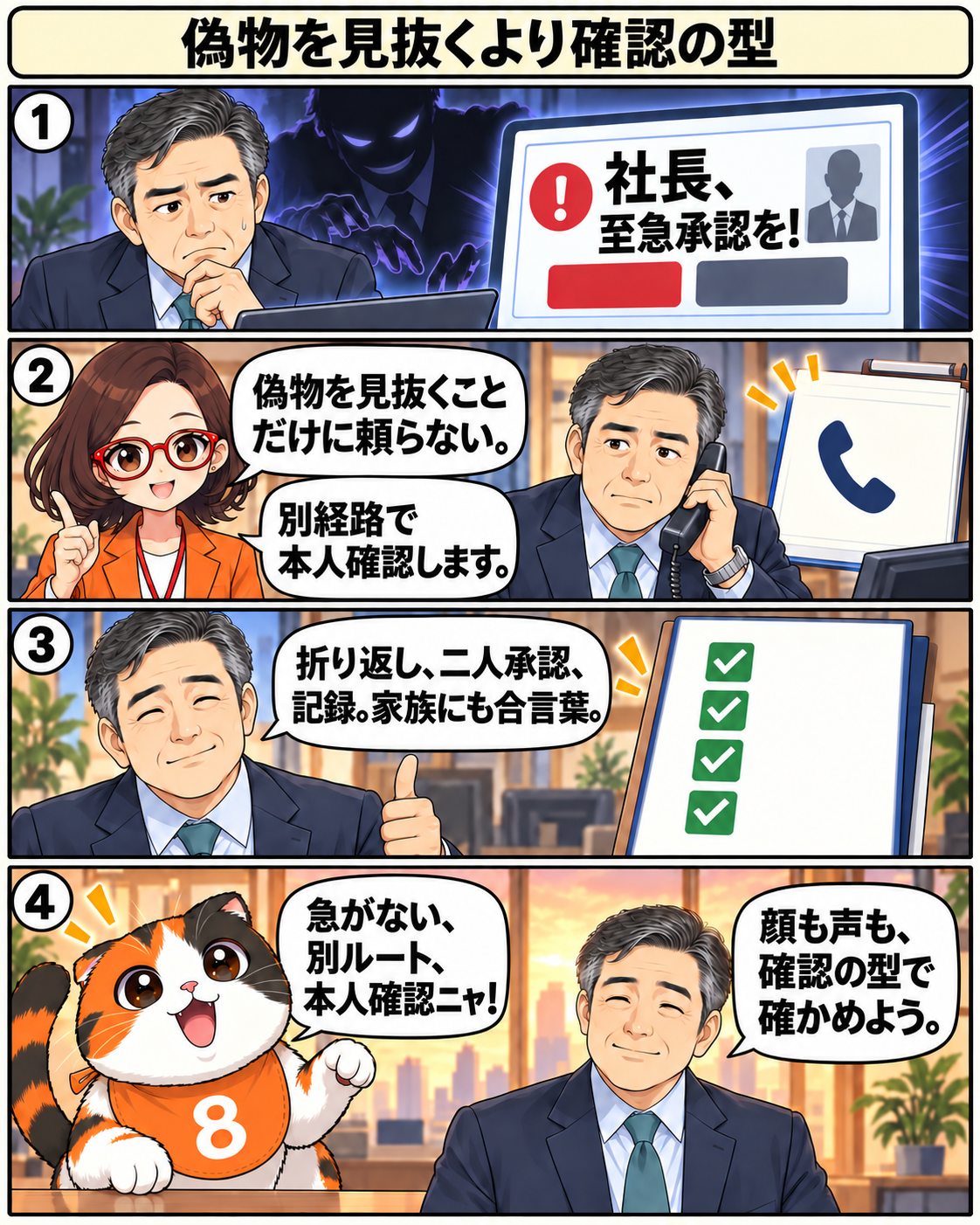 漫画9ページ。別経路で本人確認し、二人承認と記録を実行する結末。