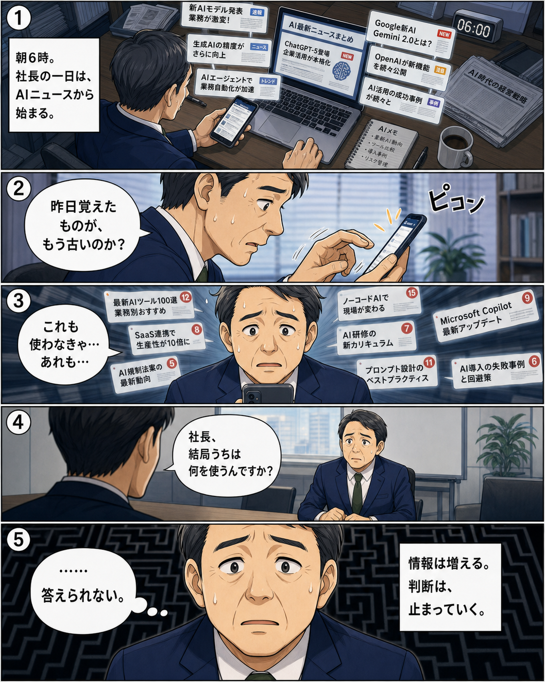 AIの最新ニュースや通知に圧倒され、自社が何をすべきか分からず迷う50代社長の漫画ページ